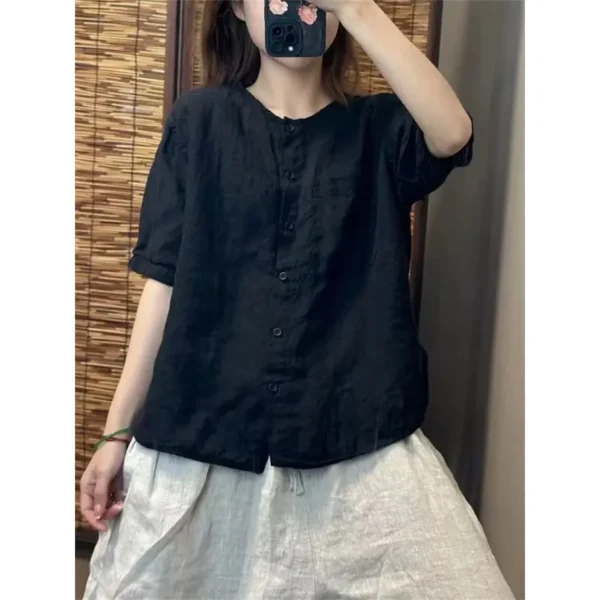 Summer Women's Cotton Linen Shirt Retro Loose Short Sleeve Cardigan Top - Image 5