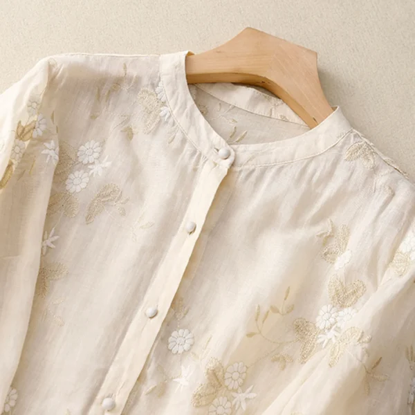 Women's Summer Cotton Linen Embroidered Loose Vintage Casual Shirt - Image 2