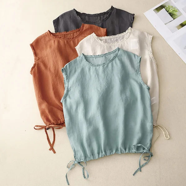 Women’s Cotton Linen Sleeveless Drawstring Tunic Tank Tops Casual - Image 2