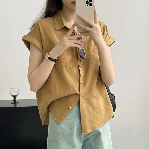 Ladies Short Sleeve Chiffon Office Blouse Summer Solid Shirt - Image 2
