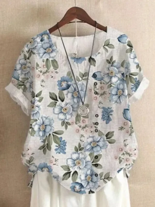 Women’s Floral Print Cotton Linen Blouse Casual Summer Loose Top - Image 3
