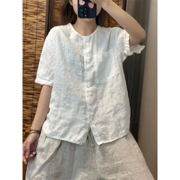 Summer Women's Cotton Linen Shirt Retro Loose Short Sleeve Cardigan Top - Image 3